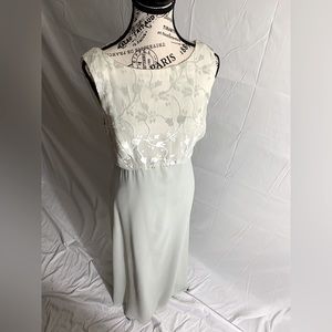 Rhapsody Maxi Floral embroidered draped soft green gown. Backless size:14